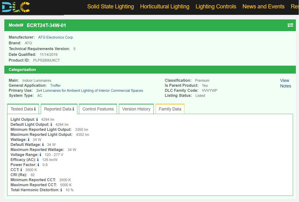 DLC listing for ATG ECRT field-adjustable fixture