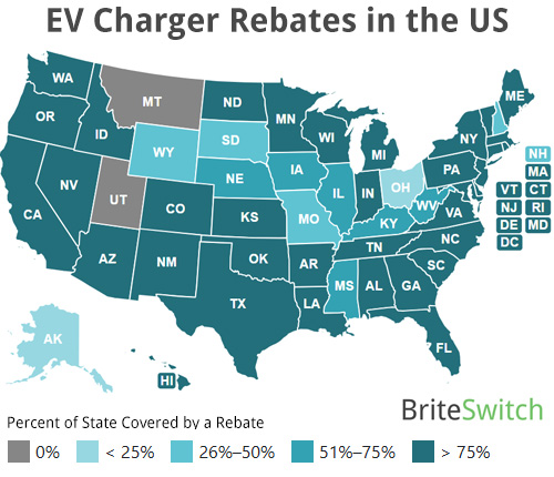 Map of US showing EV charger rebate coverage