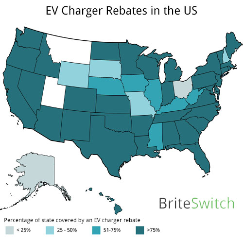 map of US showing EV charger rebates