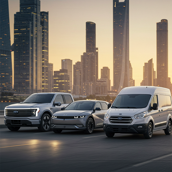 3 electric vehicles in front of city