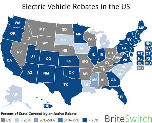 Map of US showing EV rebate coverage