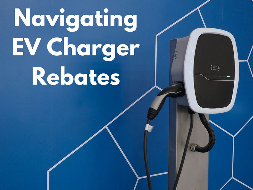 ev charger on pedistal with geometric background