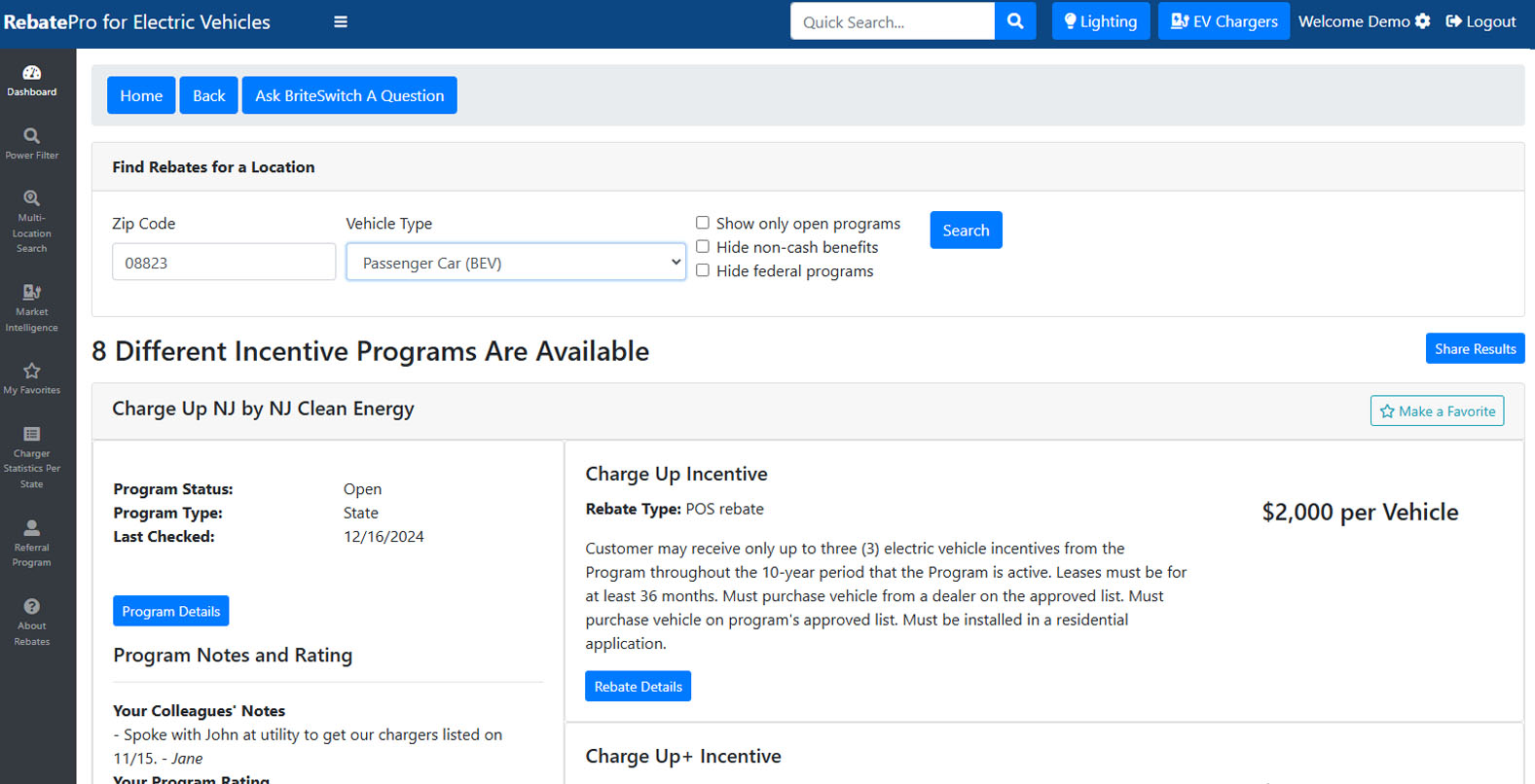 RebatePro for Electric Vehicles Zip Code Lookup Screenshot
