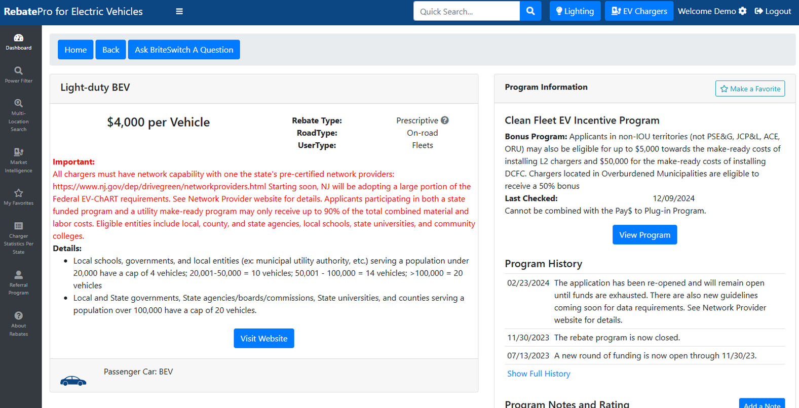 RebatePro for Electric Vehicles Rebate Details Screenshot