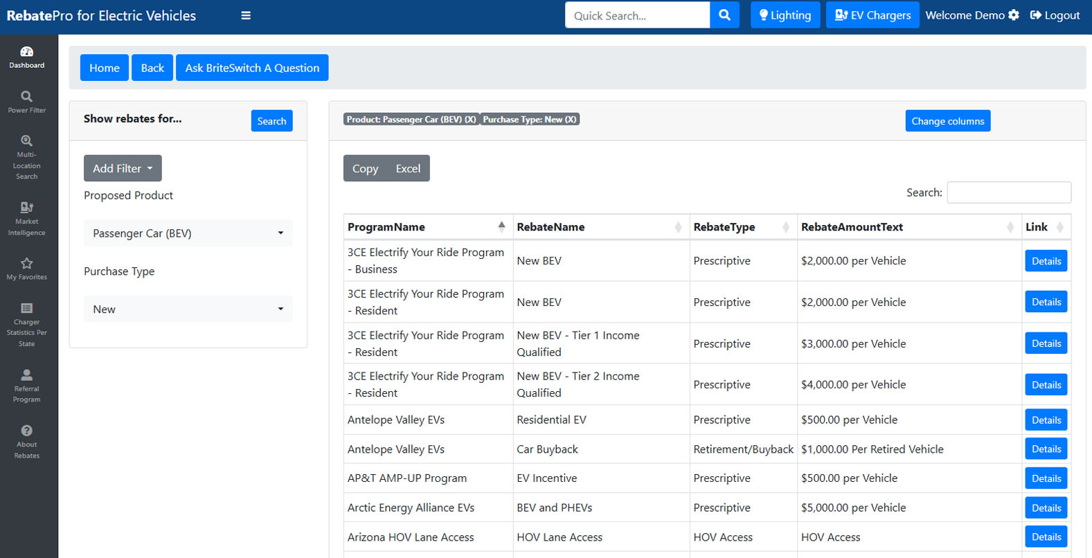 RebatePro for Electric Vehicles Power Filter with NEVI Screenshot