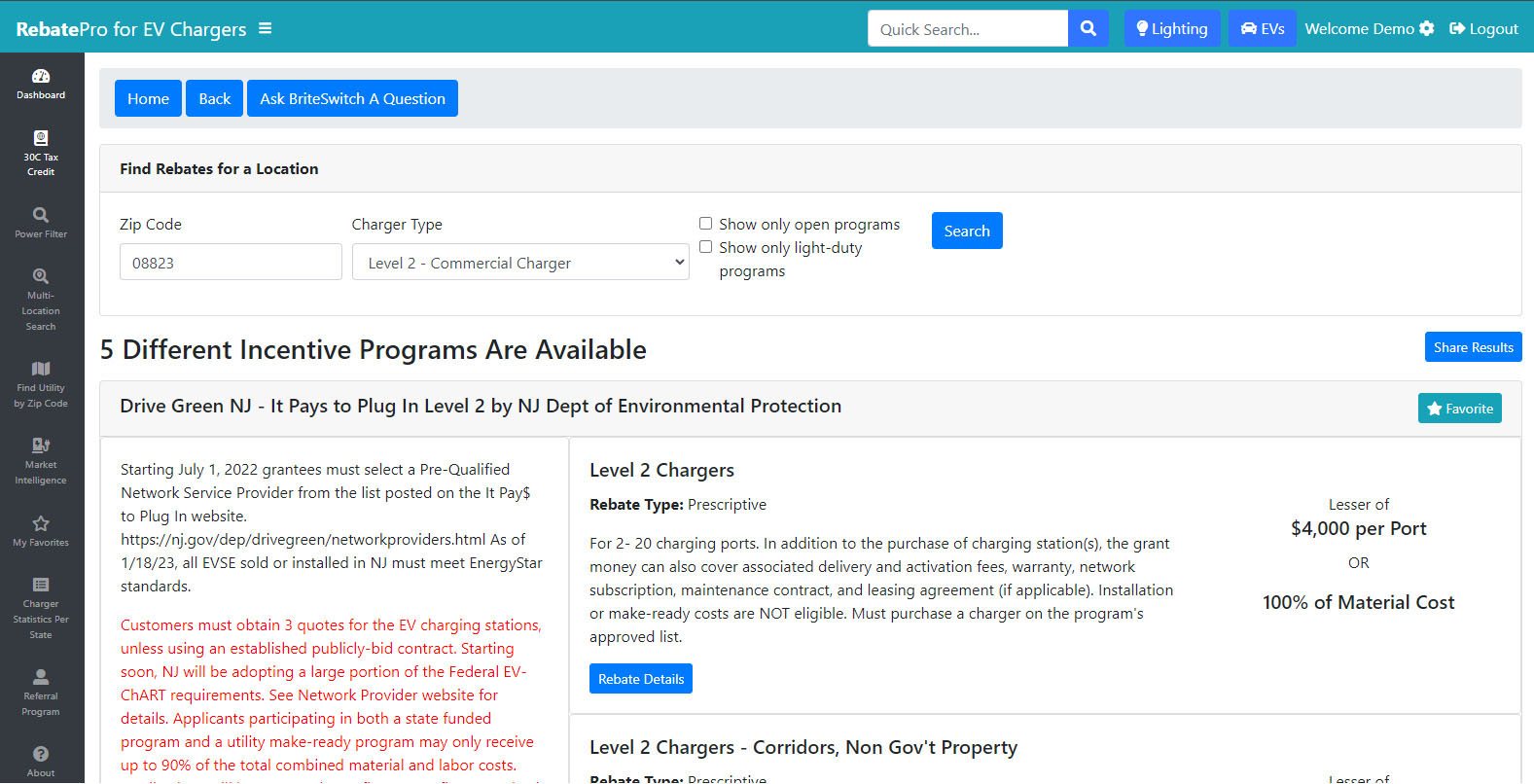 RebatePro for EV Chargers Zip Code Lookup Screenshot