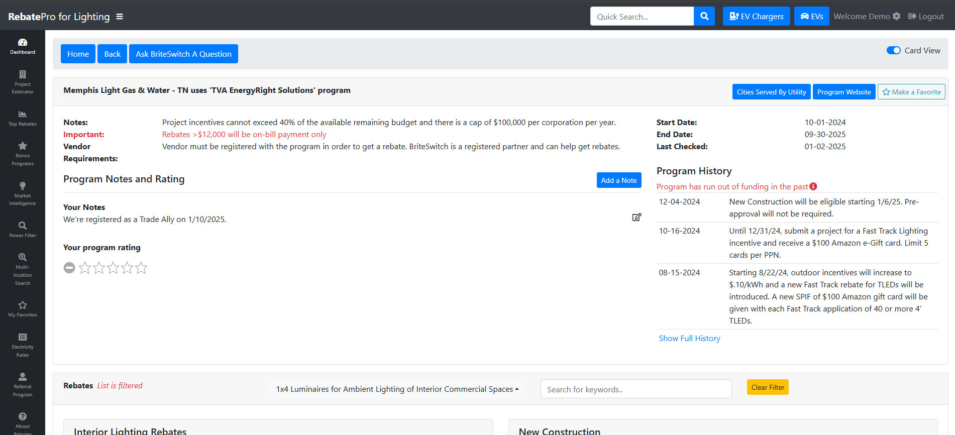 RebatePro for Lighting Program Details Screenshot