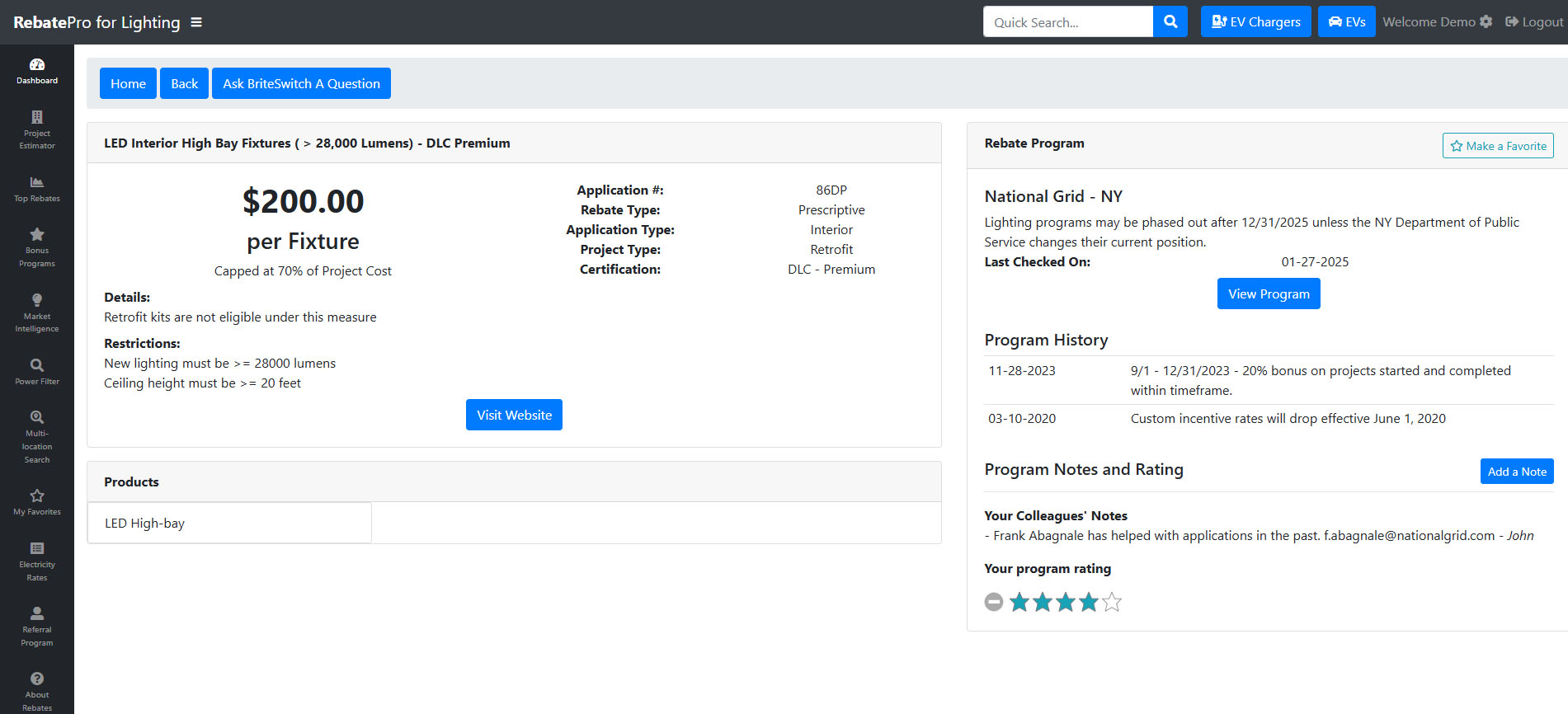 RebatePro for Lighting Rebate Details Screenshot